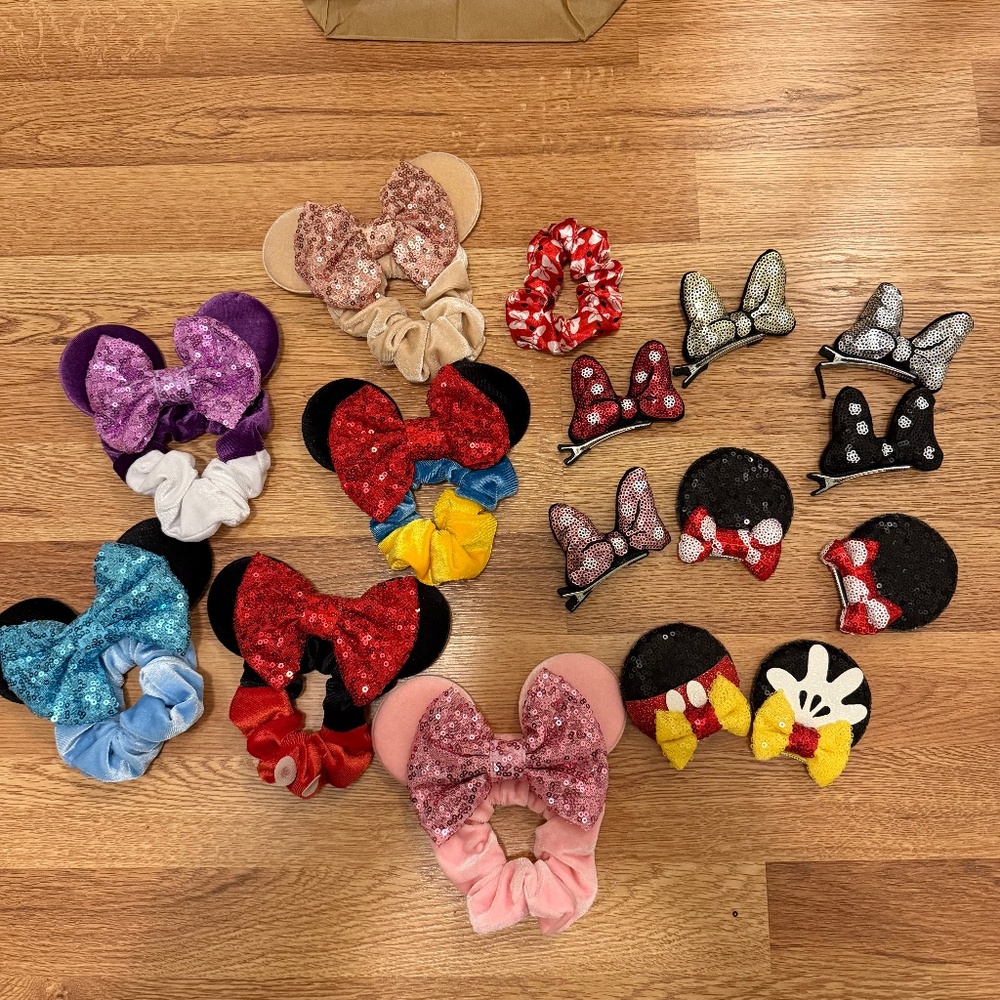 Various Disney ear scrunchies and clips
